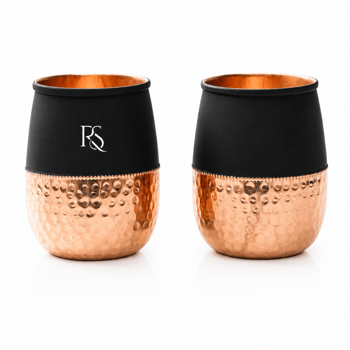 Set of 2 Silk Black Half Hammered Dholak Tumbler Pure Copper Water Glass Capacity 250ML - Royalstuffs.com