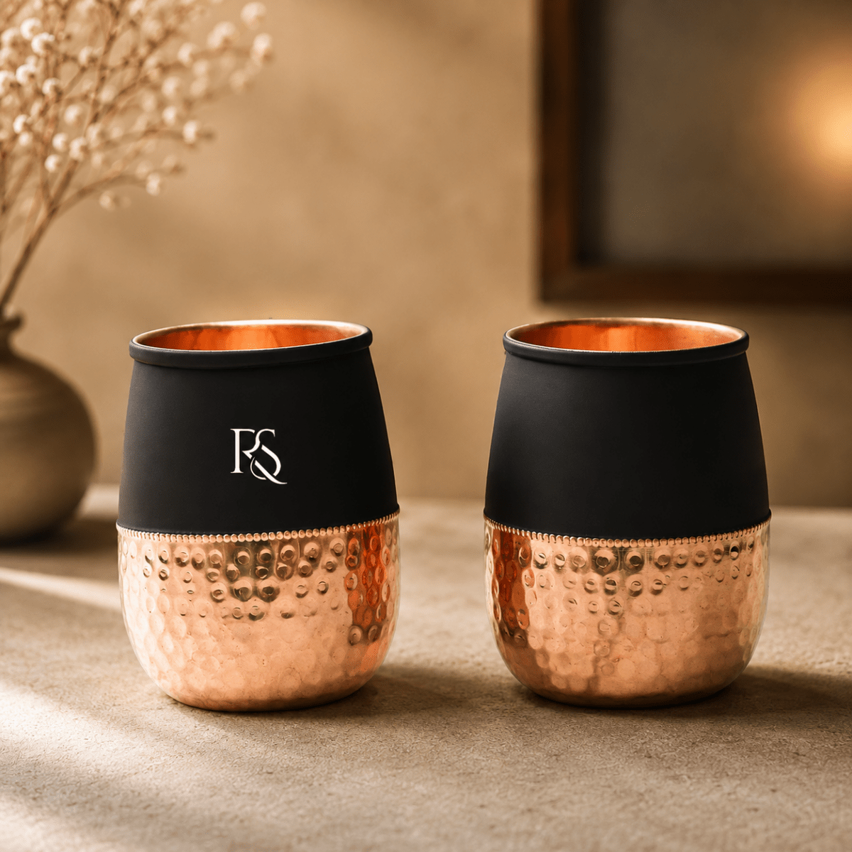 Set of 2 Silk Black Half Hammered Dholak Tumbler Pure Copper Water Glass Capacity 250ML - Royalstuffs.com