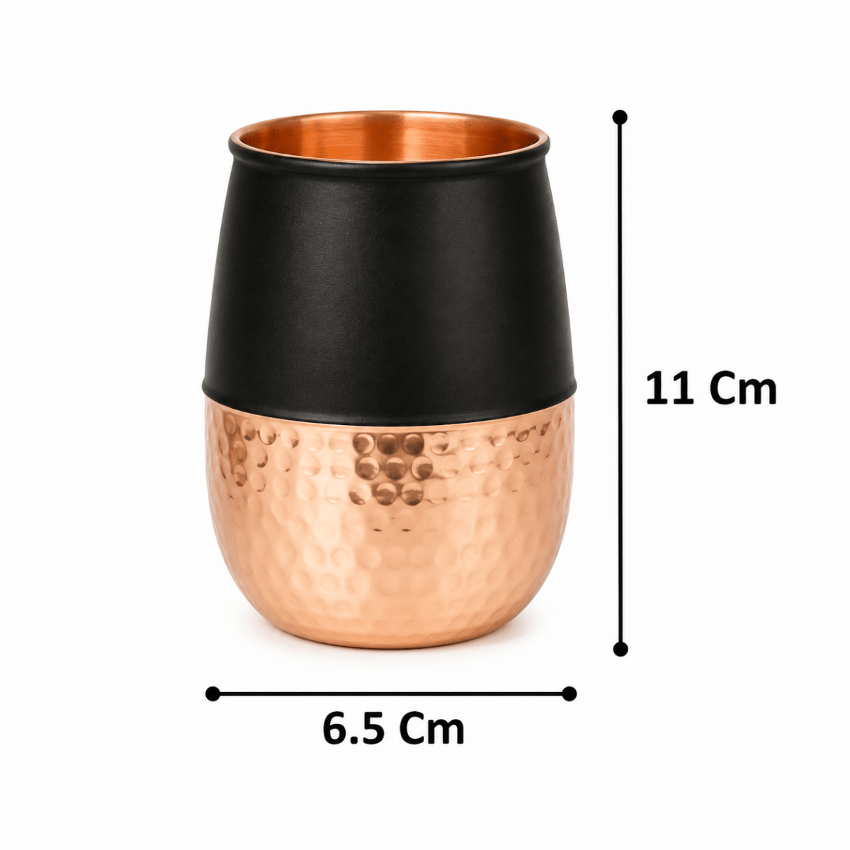 Set of 2 Silk Black Half Hammered Dholak Tumbler Pure Copper Water Glass Capacity 250ML - Royalstuffs.com