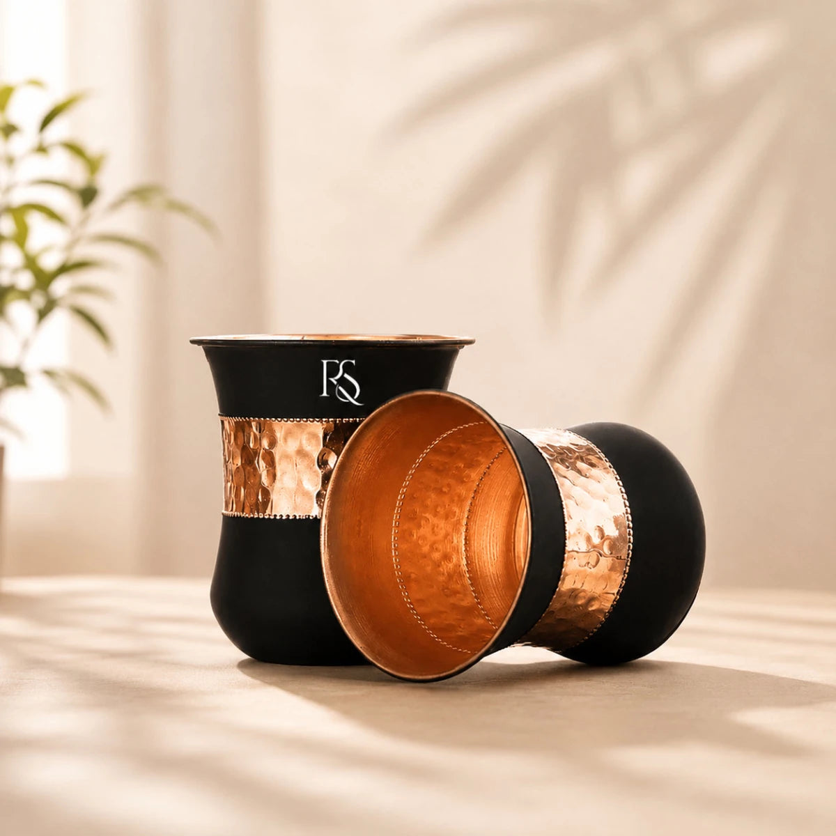 Set of 2 Silk Black Half Hammered Tumbler Pure Copper Water Glass Capacity 250ML - Royalstuffs.com