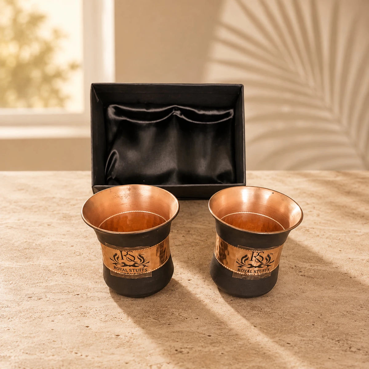 Set of 2 Silk Black Half Hammered Tumbler Pure Copper Water Glass Capacity 250ML - Royalstuffs.com