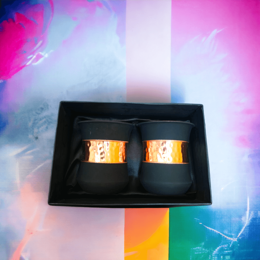 Set of 2 Silk Black Half Hammered Tumbler Pure Copper Water Glass Capacity 250ML - Royalstuffs.com