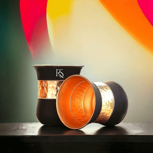 Set of 2 Silk Black Half Hammered Tumbler Pure Copper Water Glass Capacity 250ML - Royalstuffs.com