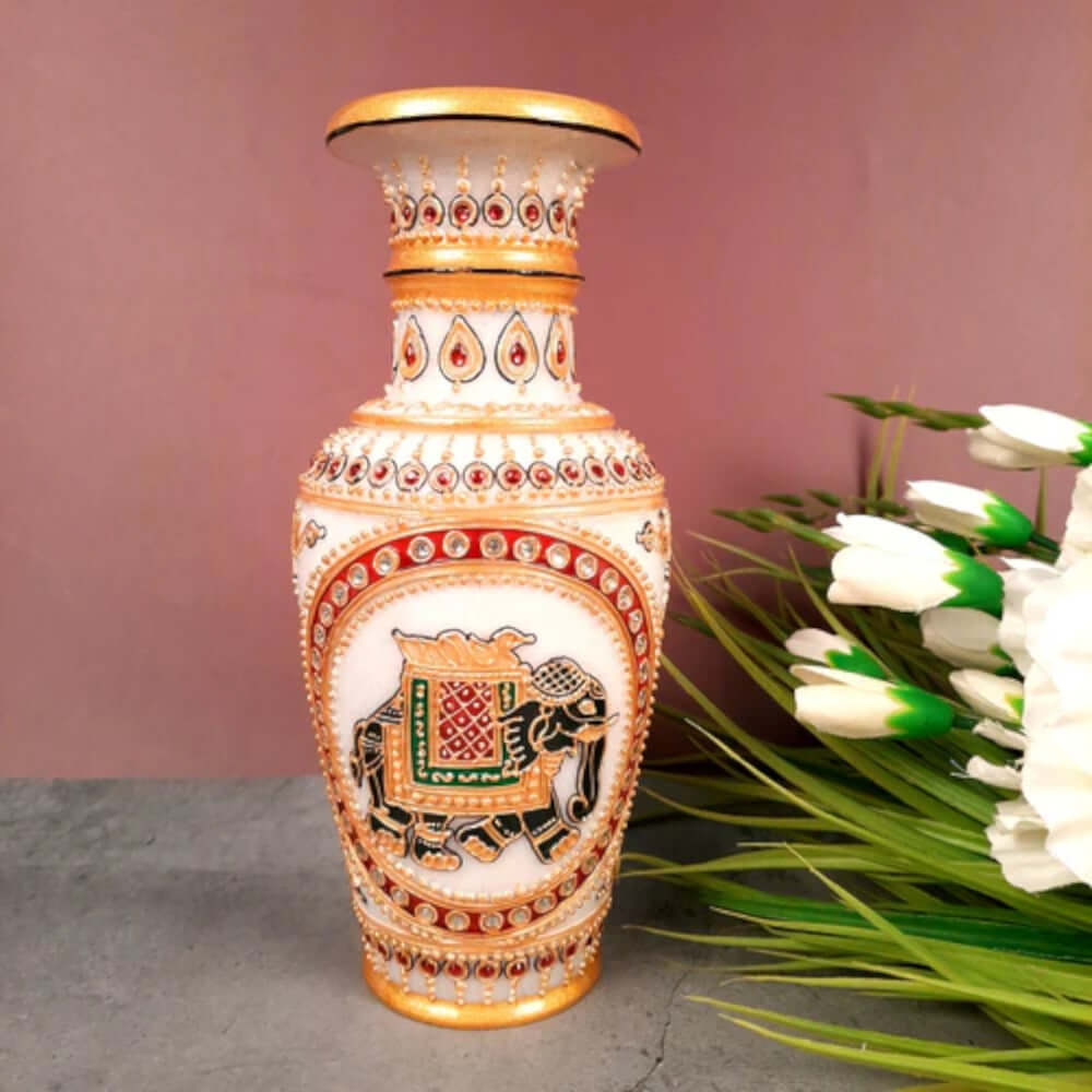 Set Of 2 Vintage,Makrana Marble Vase,Rajasthani Vase,Indian Vase,Marble Vase,Indian Folk Art,Boho Gift,Vase,Bohemian Interiors,Beaded Vase,Elephant Hand Paint Vase - Royalstuffs.com