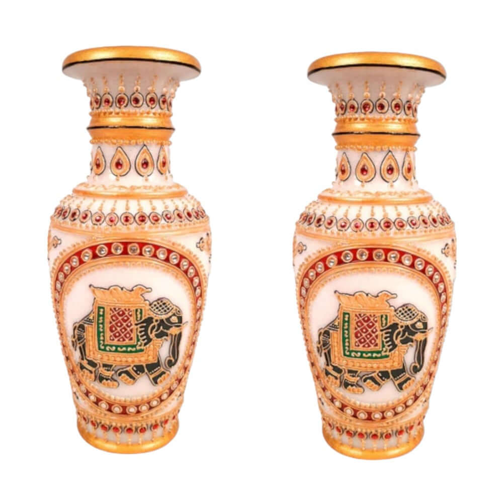 Set Of 2 Vintage,Makrana Marble Vase,Rajasthani Vase,Indian Vase,Marble Vase,Indian Folk Art,Boho Gift,Vase,Bohemian Interiors,Beaded Vase,Elephant Hand Paint Vase - Royalstuffs.com