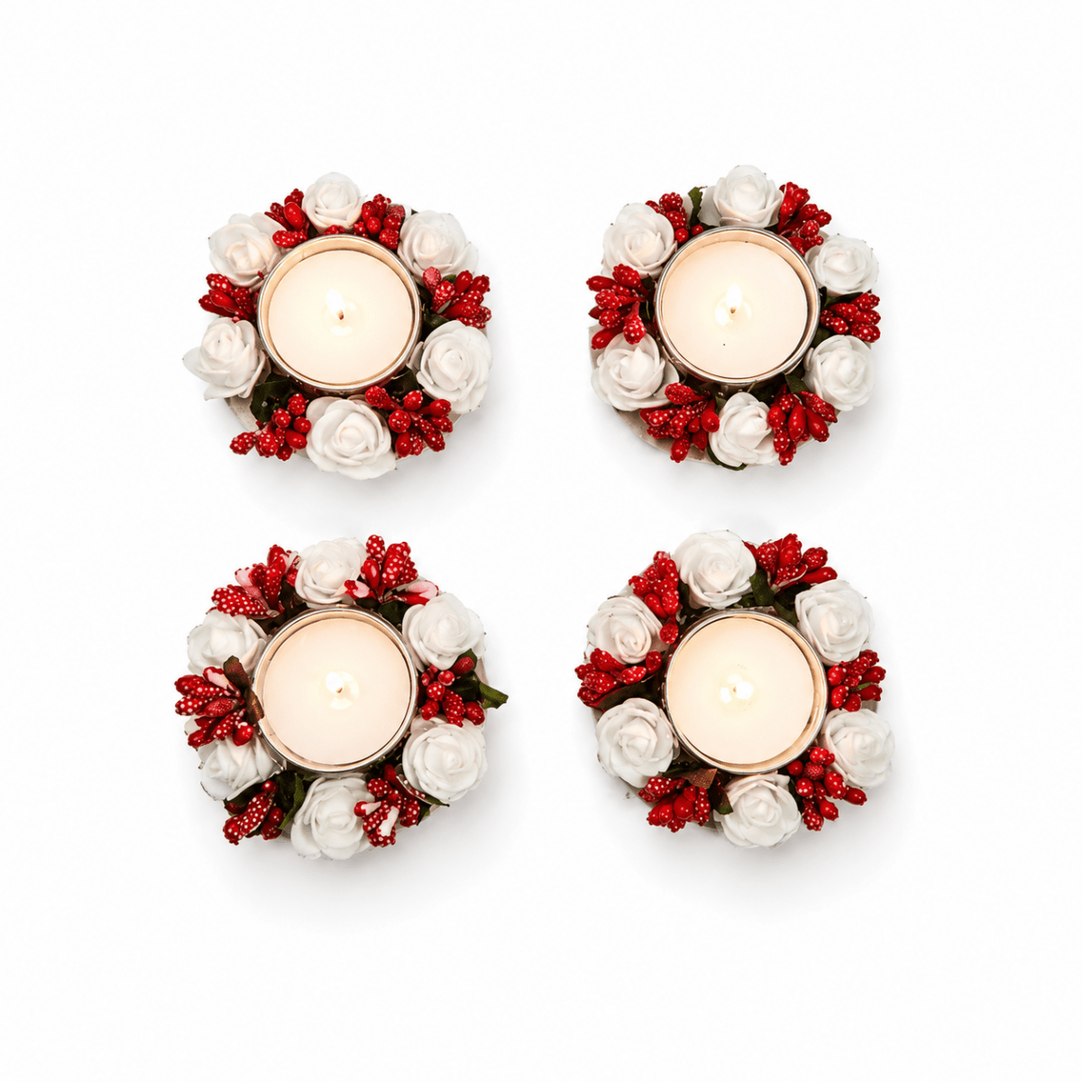Set of 4 White Rose Metal Diya Tea Light Candle Holders - Royalstuffs.com