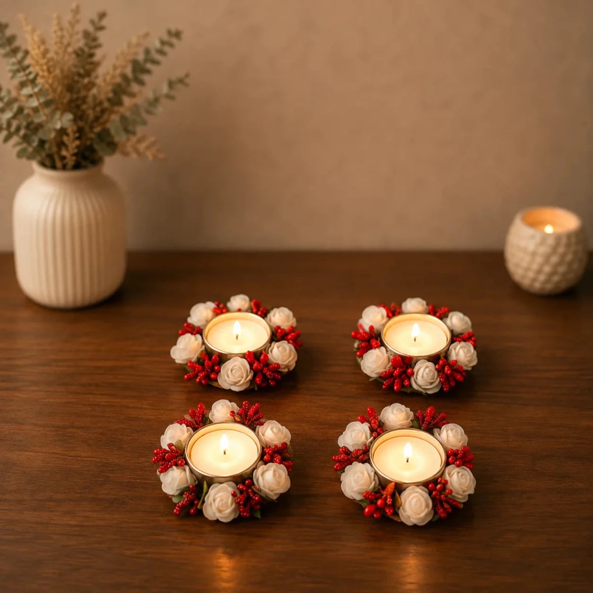 Set of 4 White Rose Metal Diya Tea Light Candle Holders - Royalstuffs.com