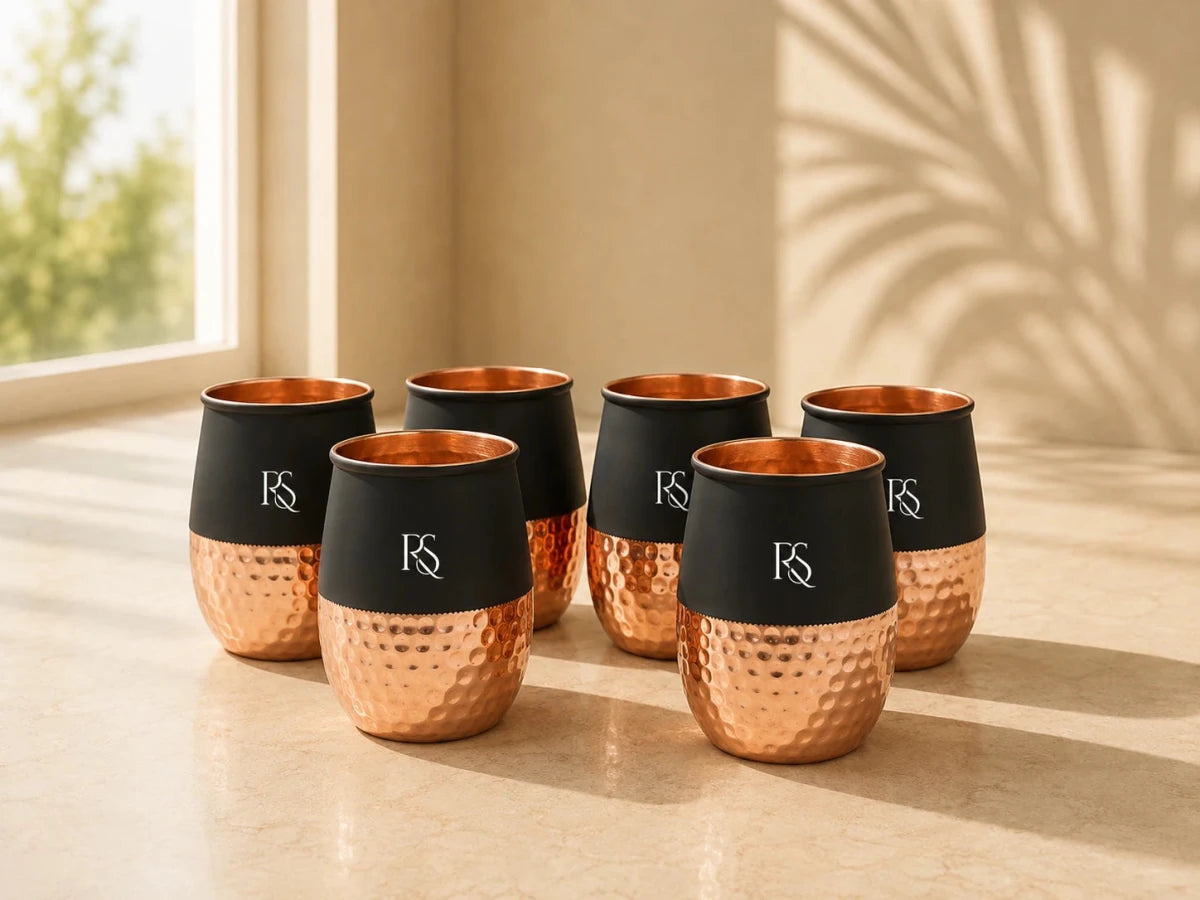 Set of 6 Silk Black Half Hammered Dholak Tumbler Pure Copper Water Glass Capacity 250ML - Royalstuffs.com