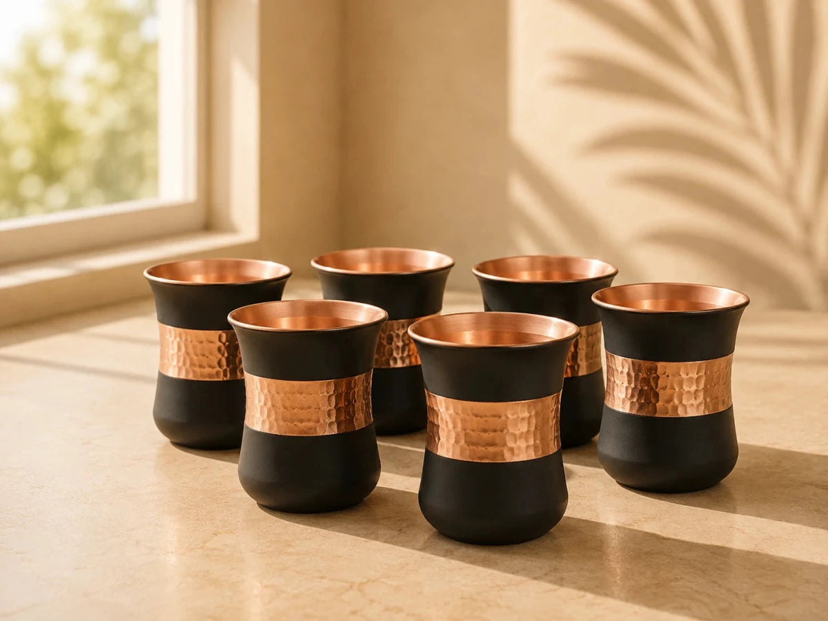Set of 6 Silk Black Half Hammered Tumbler Pure Copper Water Glass Capacity 250ML - Royalstuffs.com