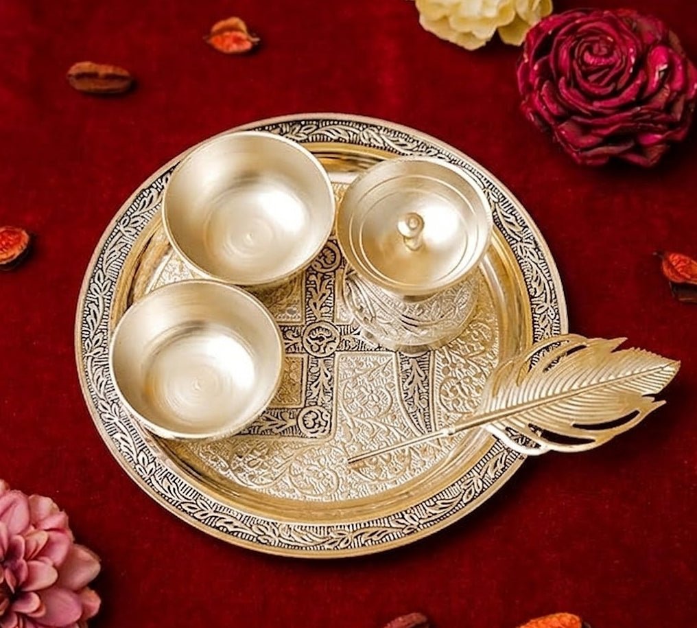 Silver Pooja Thali Set with Velvet Box | Premium German Silver Pooja Set for Gifting & Rituals - Royalstuffs.com