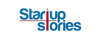 Logo of Startup Stories featuring blue text and a pencil icon, representing entrepreneurial narratives.