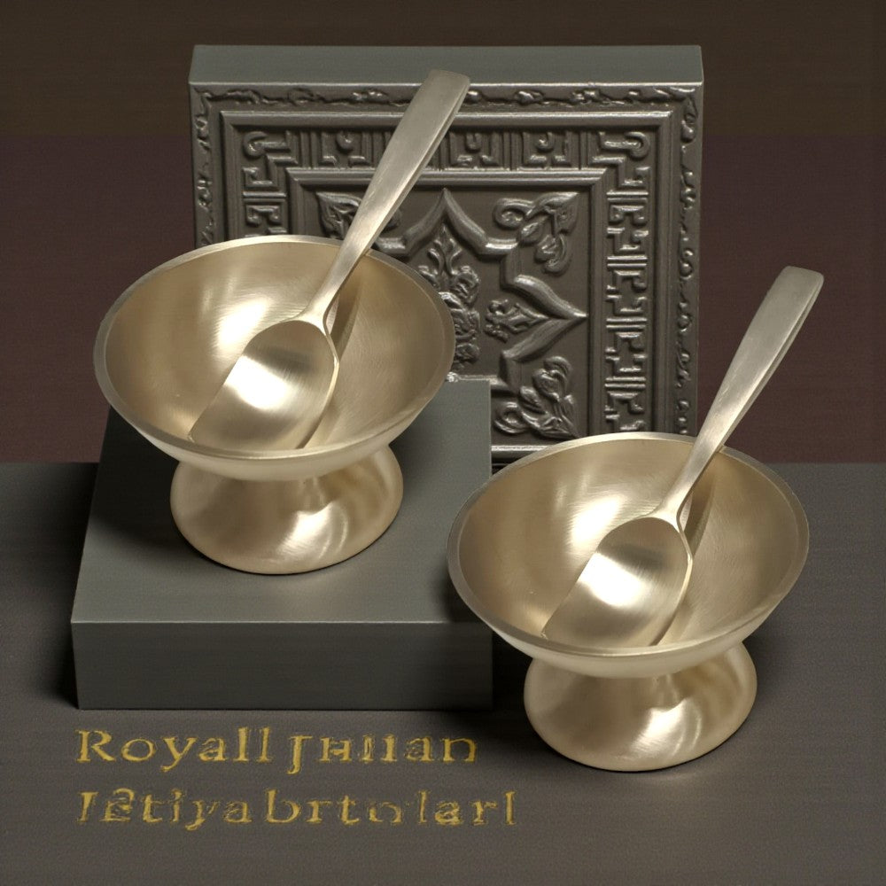 Handmade Pure Kansa Ice Cream Cup with Spoon Matt | Set of 2 | Traditional Bronze Dessert Bowl