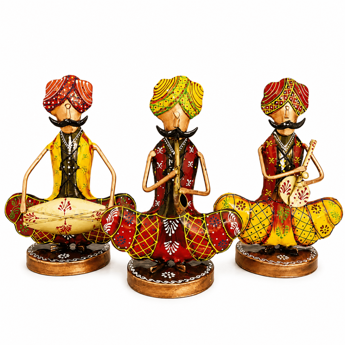 Tribal Rajasthani Sitting Male Musicians Muchhad in Iron Handmade Decorative Items for Home | Gift Items | Showpieces | Table Decorative Items Set of 3, Height : 9 Inches, Multicolor - Royalstuffs.com