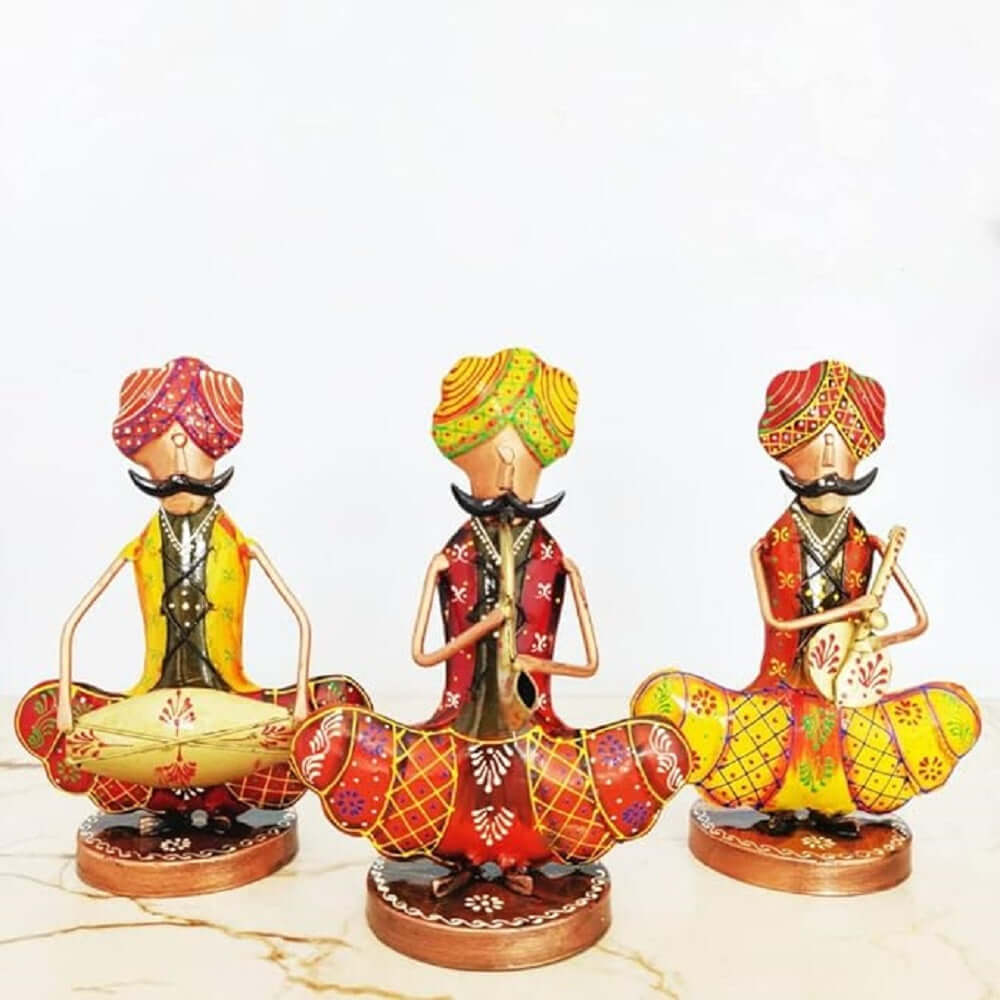 Tribal Rajasthani Sitting Male Musicians Muchhad in Iron Handmade Decorative Items for Home | Gift Items | Showpieces | Table Decorative Items Set of 3, Height : 9 Inches, Multicolor - Royalstuffs.com