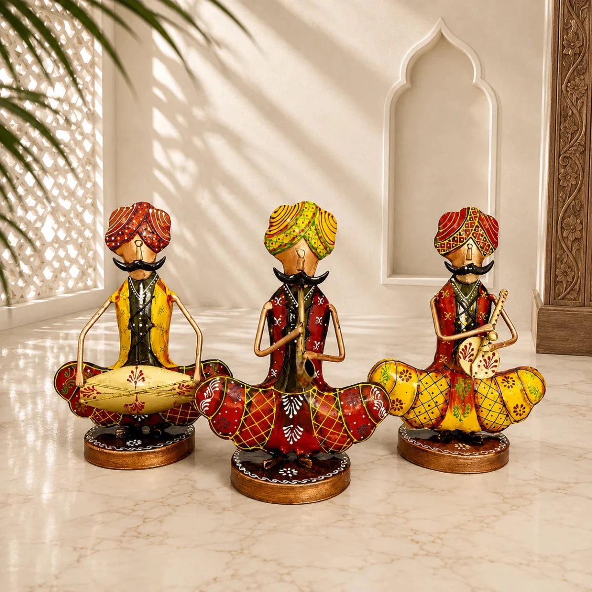 Tribal Rajasthani Sitting Male Musicians Muchhad in Iron Handmade Decorative Items for Home | Gift Items | Showpieces | Table Decorative Items Set of 3, Height : 9 Inches, Multicolor - Royalstuffs.com