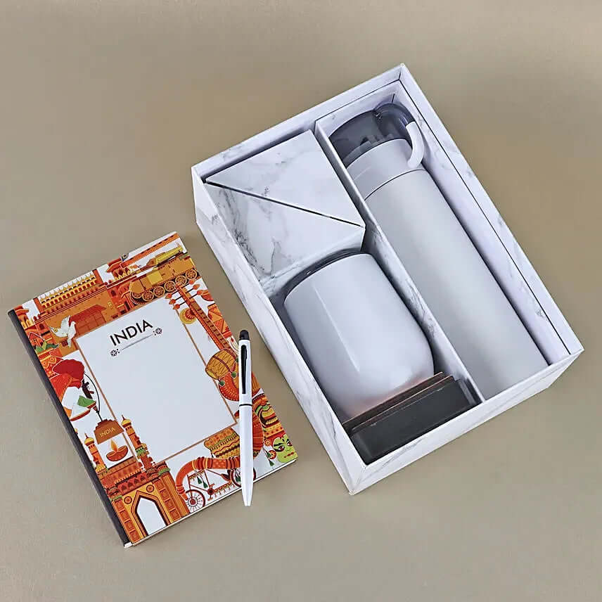 Open Ultimate Elegance Gift Box with Premium Notebook, Pen, Bottle, Mug and Corporate Gift Accessories