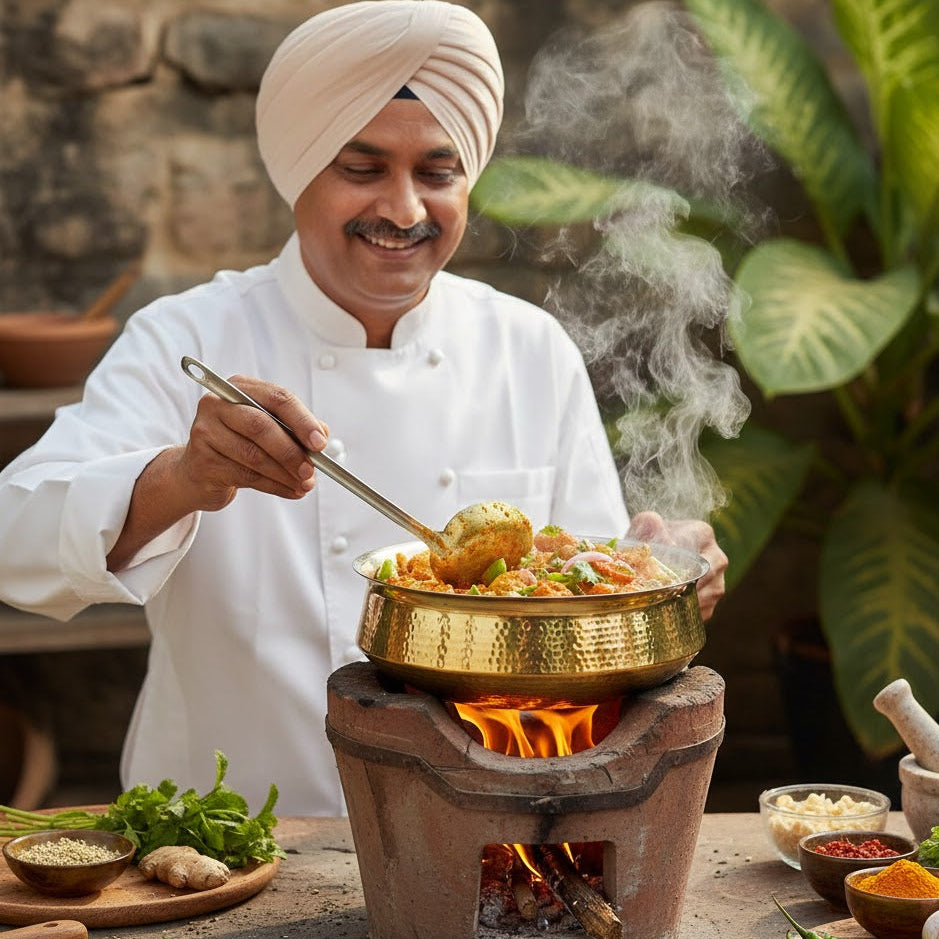 Chef in traditional attire cooking food on a flame with steam rising, surrounded by ingredients.