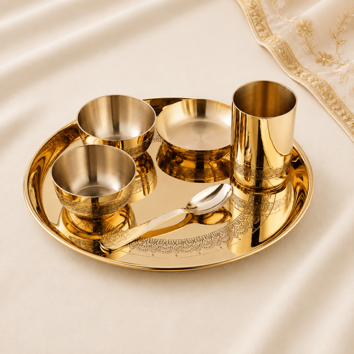Viraasat Brass Thaali Set – 6 Pcs Handcrafted Dinnerware - Royalstuffs.com