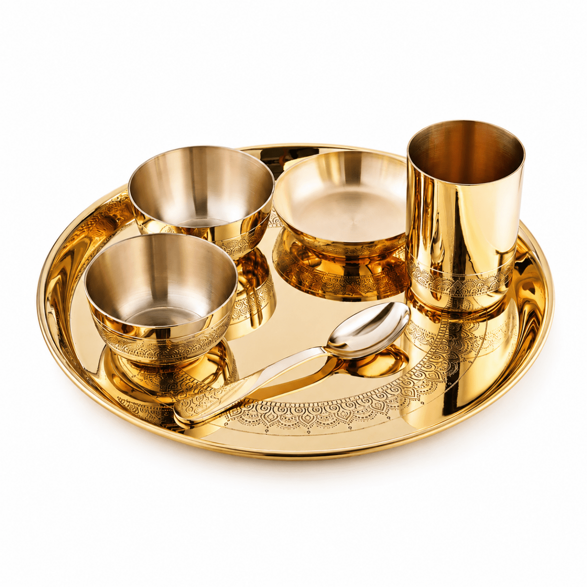 Viraasat Brass Thaali Set – 6 Pcs Handcrafted Dinnerware - Royalstuffs.com
