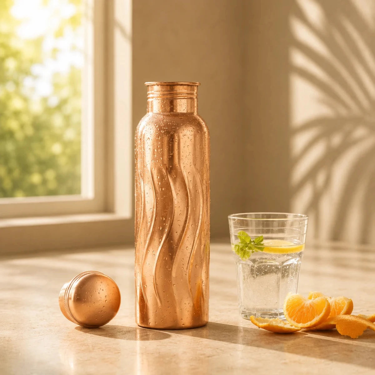 Wavy Designer Pure Copper Water Bottle - 1 Liter - Royalstuffs.com