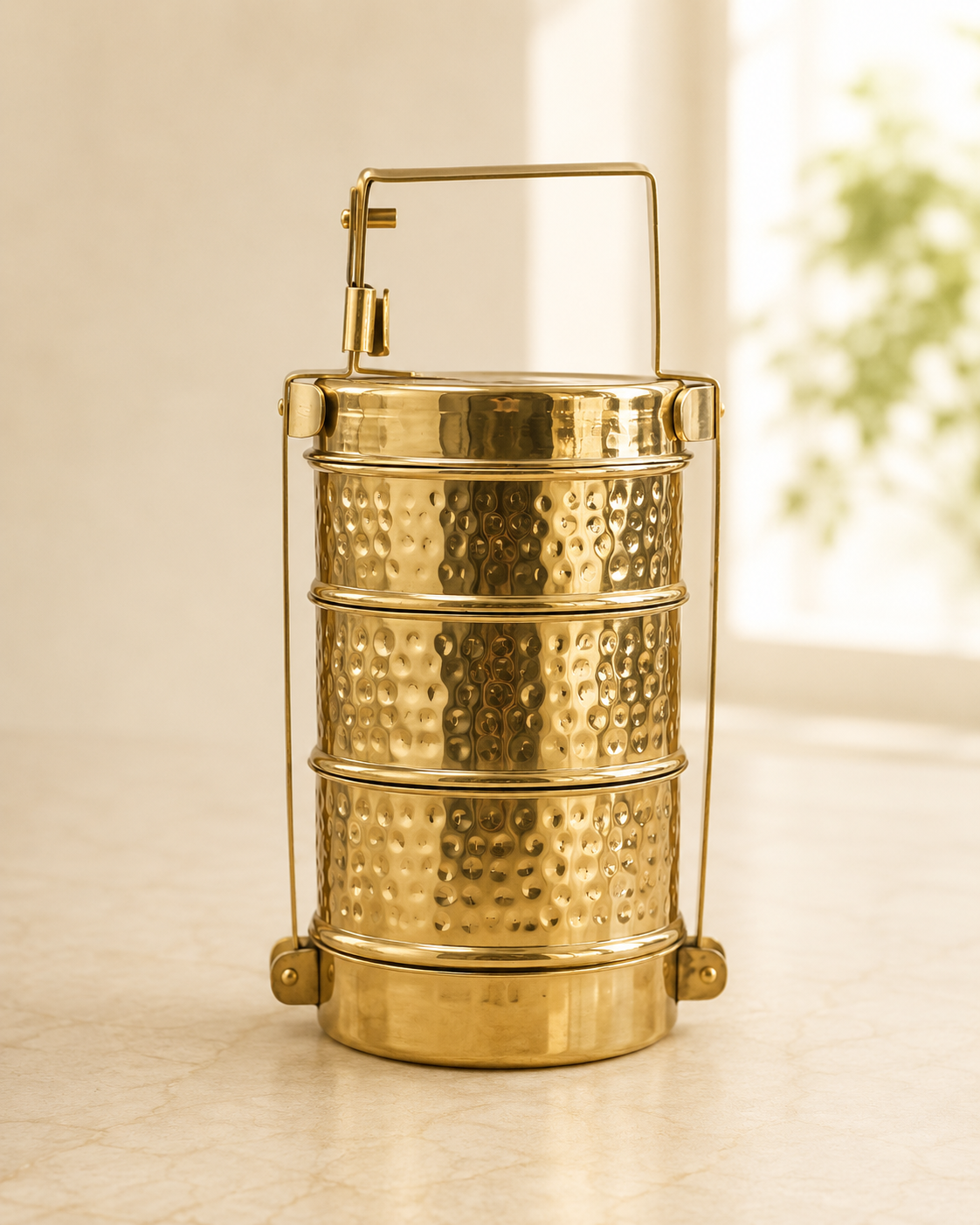 Handmade Hammered Brass 3-Tier Lunch Box (Traditional Tiffin Carrier)