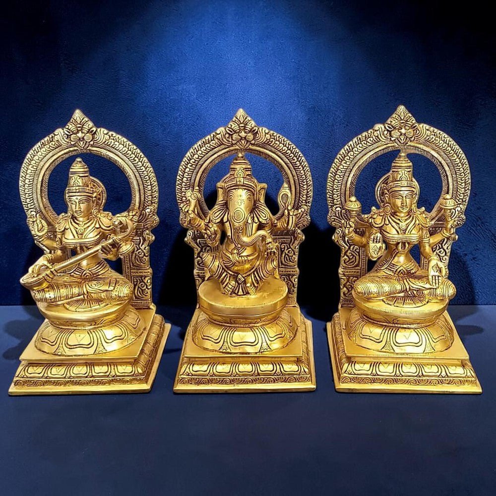 10" Brass Statues of Goddess Lakshmi, Ganesha and Saraswati,Weight:13.5 Kg - Royalstuffs.com