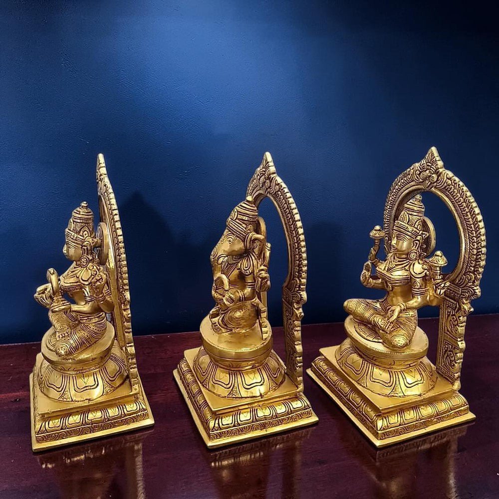 10" Brass Statues of Goddess Lakshmi, Ganesha and Saraswati,Weight:13.5 Kg - Royalstuffs.com