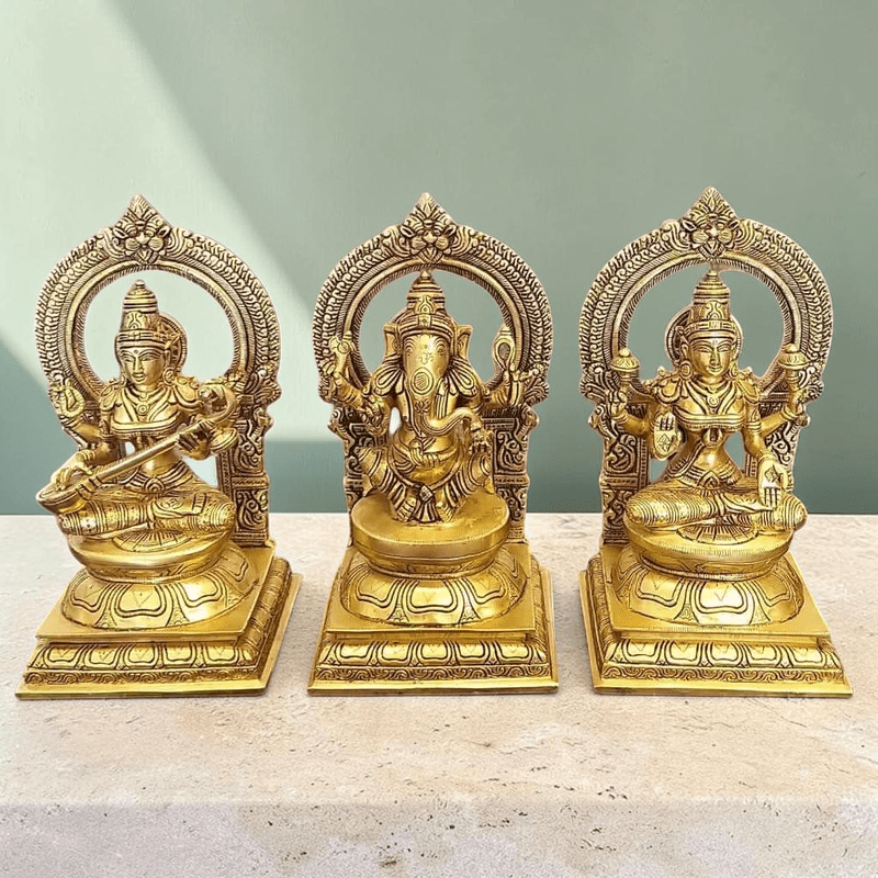 10" Brass Statues of Goddess Lakshmi, Ganesha and Saraswati,Weight:13.5 Kg - Royalstuffs.com
