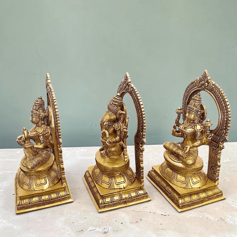 10" Brass Statues of Goddess Lakshmi, Ganesha and Saraswati,Weight:13.5 Kg - Royalstuffs.com