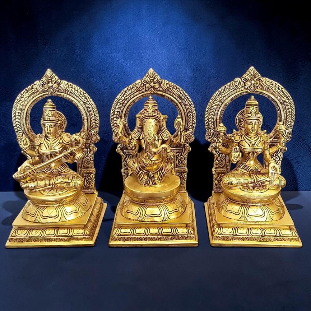 10" Brass Statues of Goddess Lakshmi, Ganesha and Saraswati,Weight:13.5 Kg - Royalstuffs.com