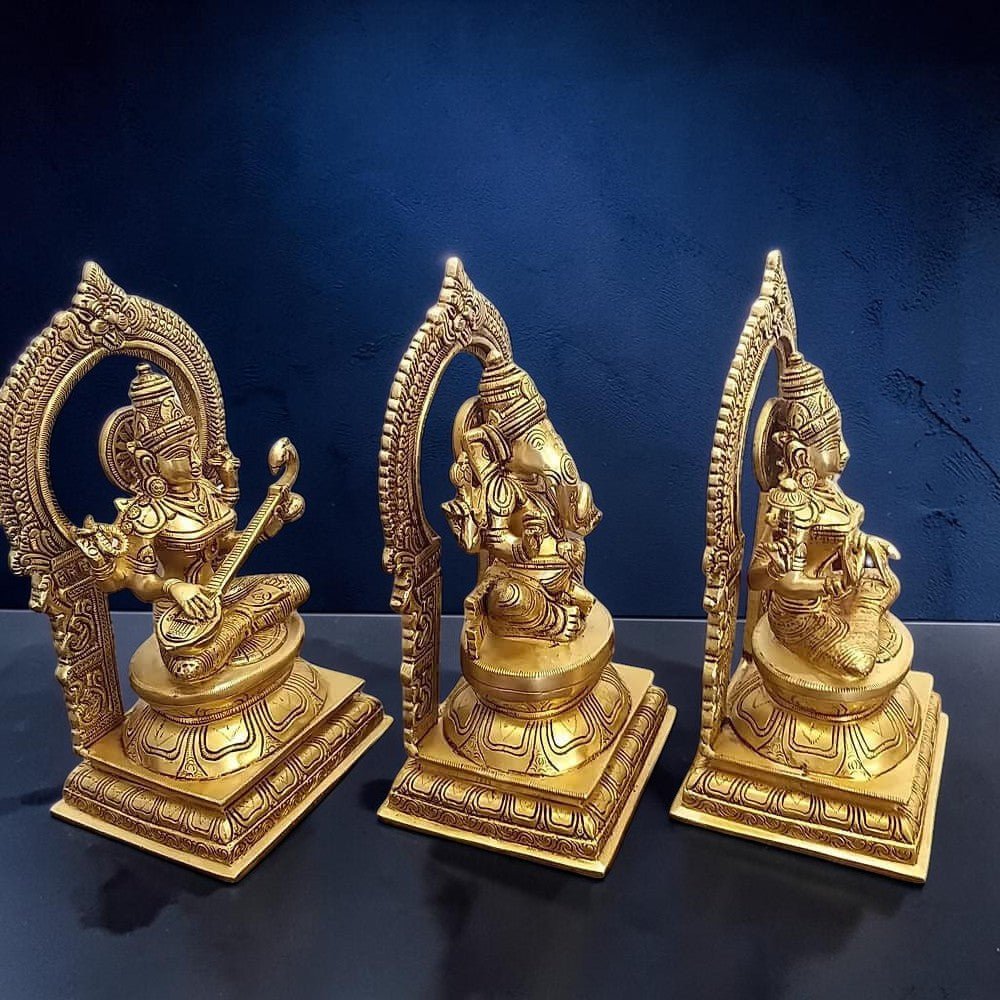 10" Brass Statues of Goddess Lakshmi, Ganesha and Saraswati,Weight:13.5 Kg - Royalstuffs.com