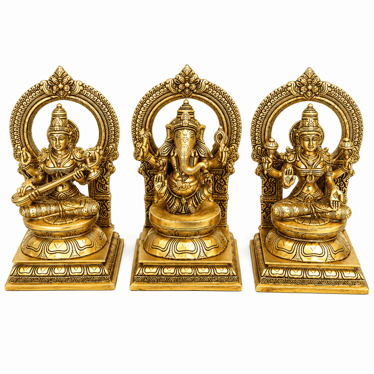 10" Brass Statues of Goddess Lakshmi, Ganesha and Saraswati,Weight:13.5 Kg - Royalstuffs.com
