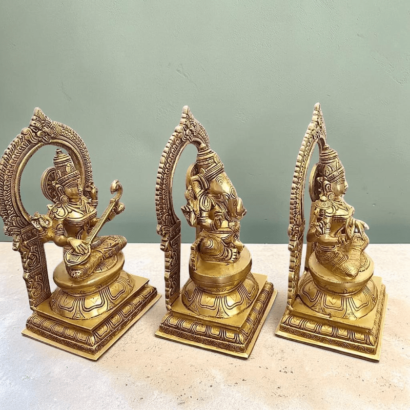 10" Brass Statues of Goddess Lakshmi, Ganesha and Saraswati,Weight:13.5 Kg - Royalstuffs.com