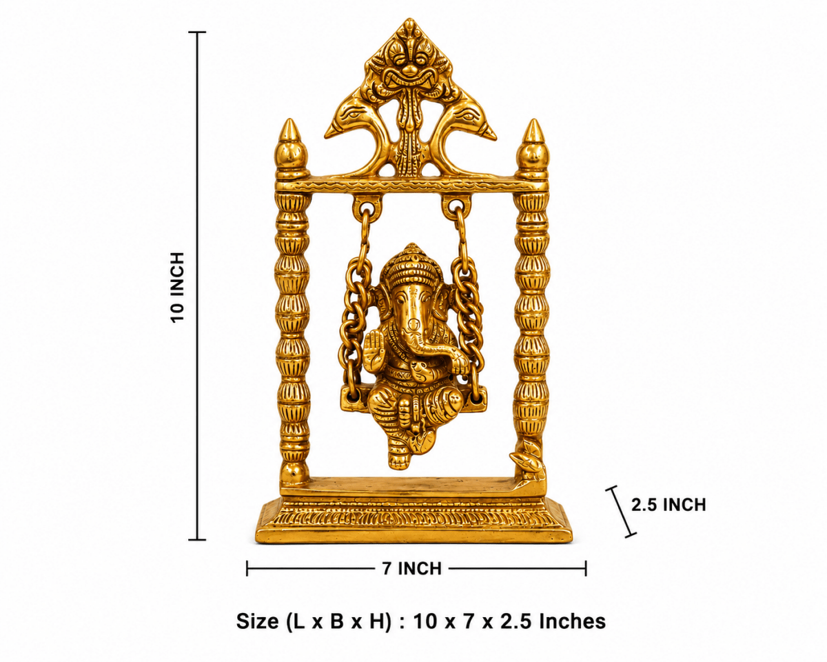 10-Inch Brass Lord Ganesha Idol on a Swing - Handmade Antique Finish - Royalstuffs.com