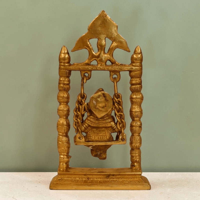 10-Inch Brass Lord Ganesha Idol on a Swing - Handmade Antique Finish - Royalstuffs.com