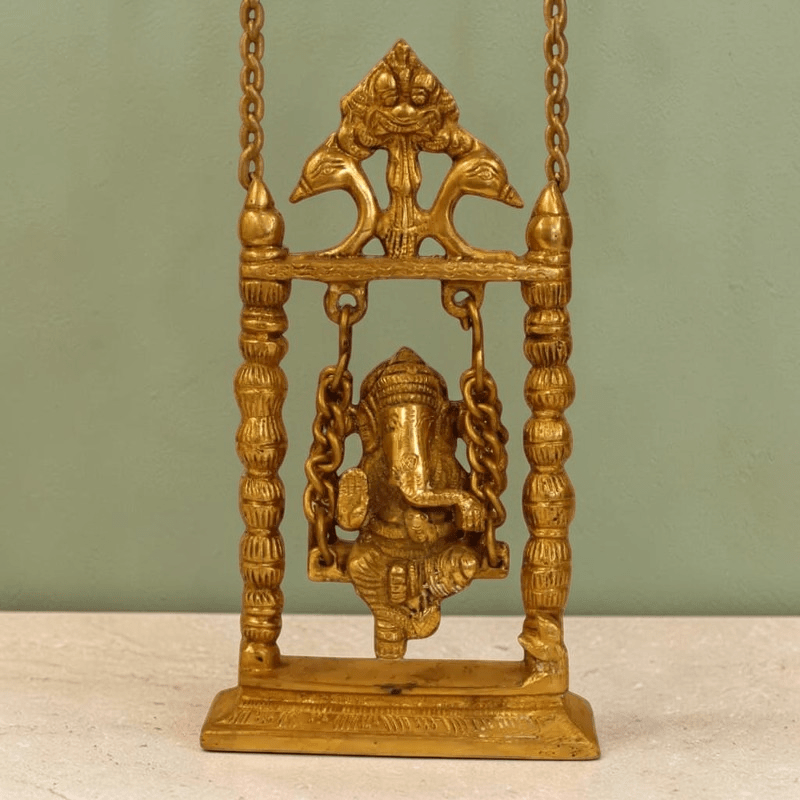 10-Inch Brass Lord Ganesha Idol on a Swing - Handmade Antique Finish - Royalstuffs.com