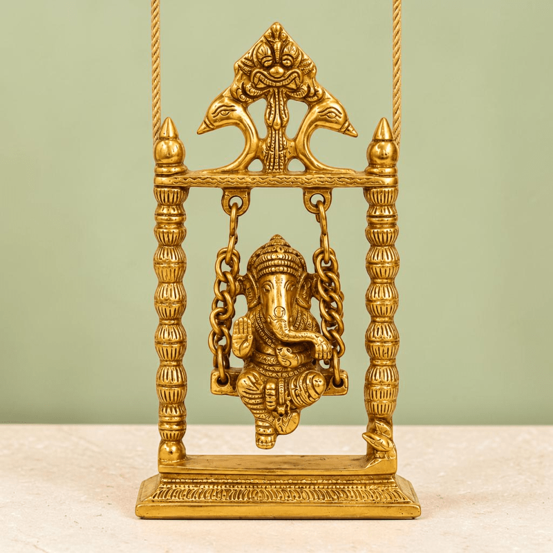 10-Inch Brass Lord Ganesha Idol on a Swing - Handmade Antique Finish - Royalstuffs.com