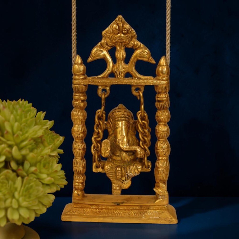 10-Inch Brass Lord Ganesha Idol on a Swing - Handmade Antique Finish - Royalstuffs.com