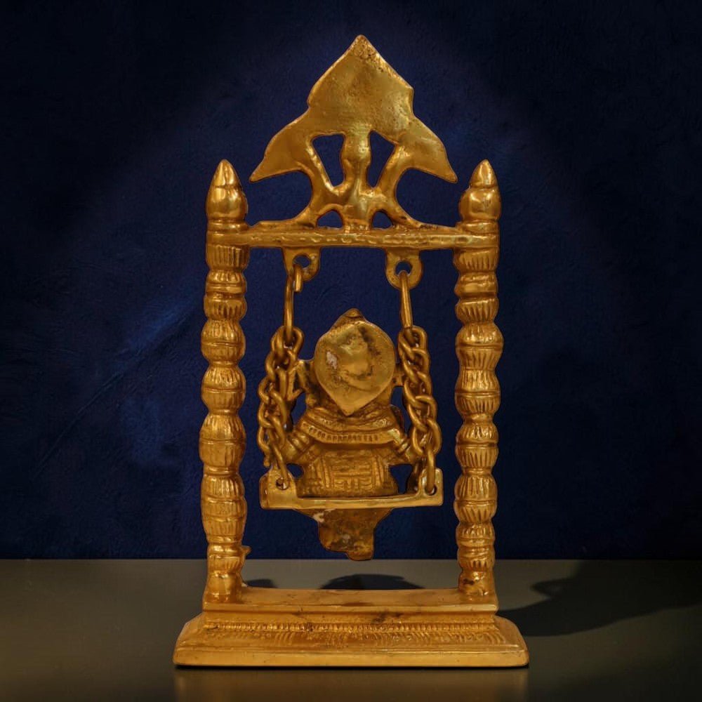 10-Inch Brass Lord Ganesha Idol on a Swing - Handmade Antique Finish - Royalstuffs.com