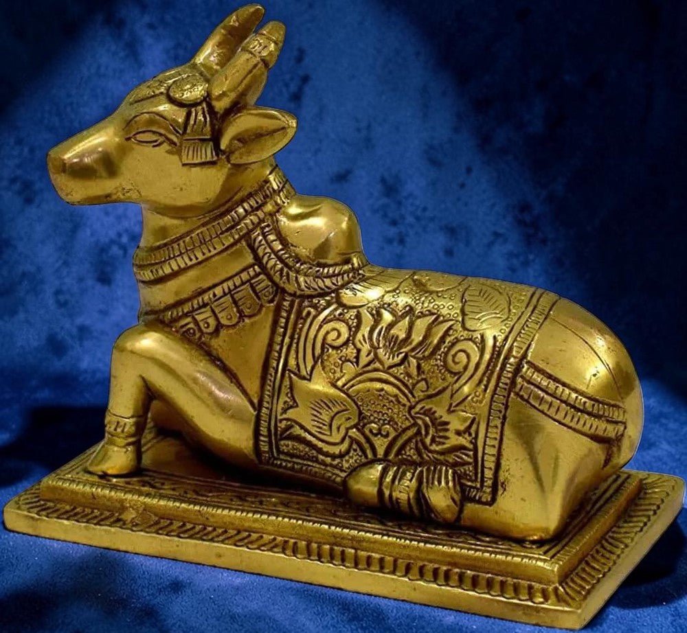 Angled View of Handcrafted Pure Brass Nandi Cow Statue for Religious Decor, Home Temple and Spiritual Worship