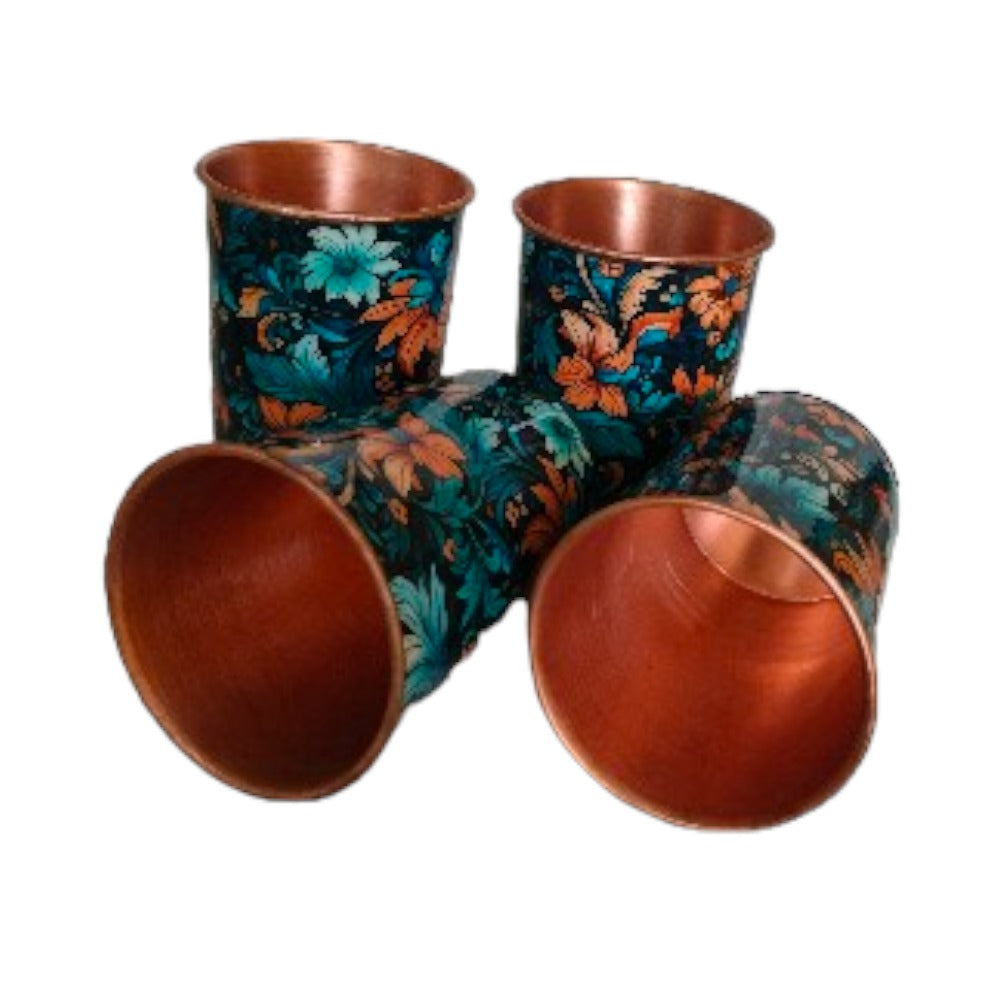 Pure Copper Digital Printed Flower Design Glass Tumbler, 300 ML, Set of 4