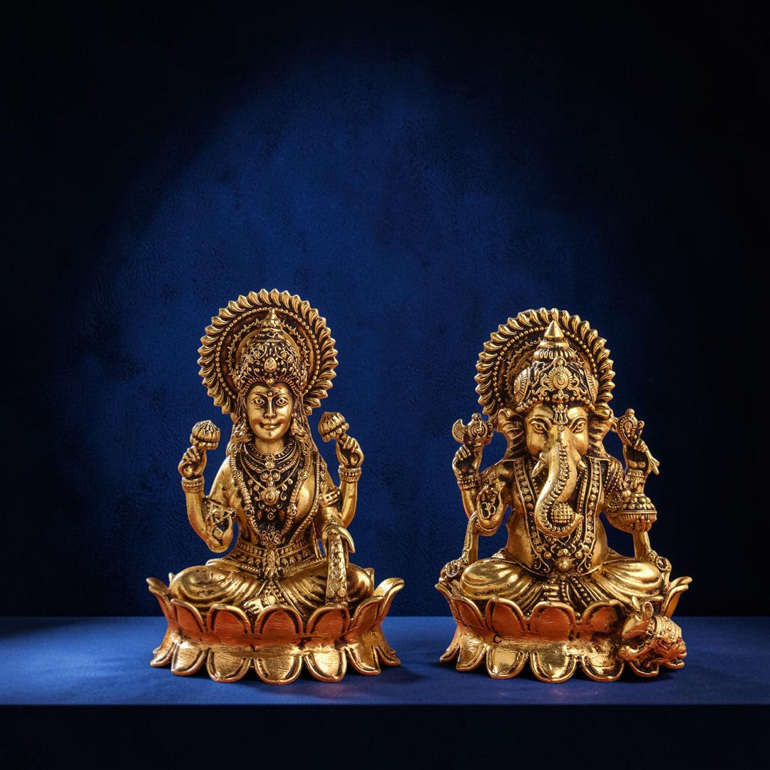 Handcrafted Brass Lotus Ganesha & Lakshmi Idols (4 Inch) | RoyalStuffs