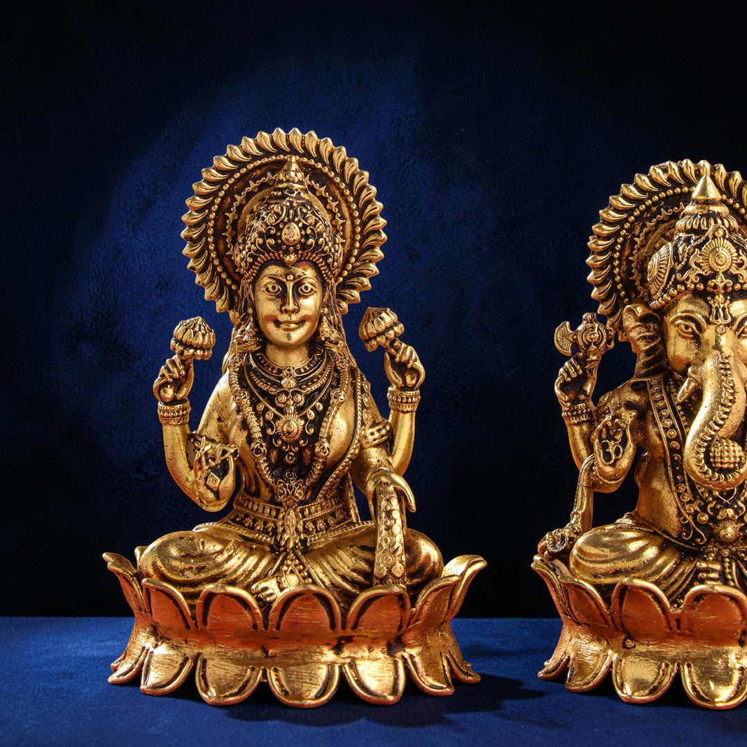 Handcrafted Brass Lotus Ganesha & Lakshmi Idols (4 Inch) | RoyalStuffs