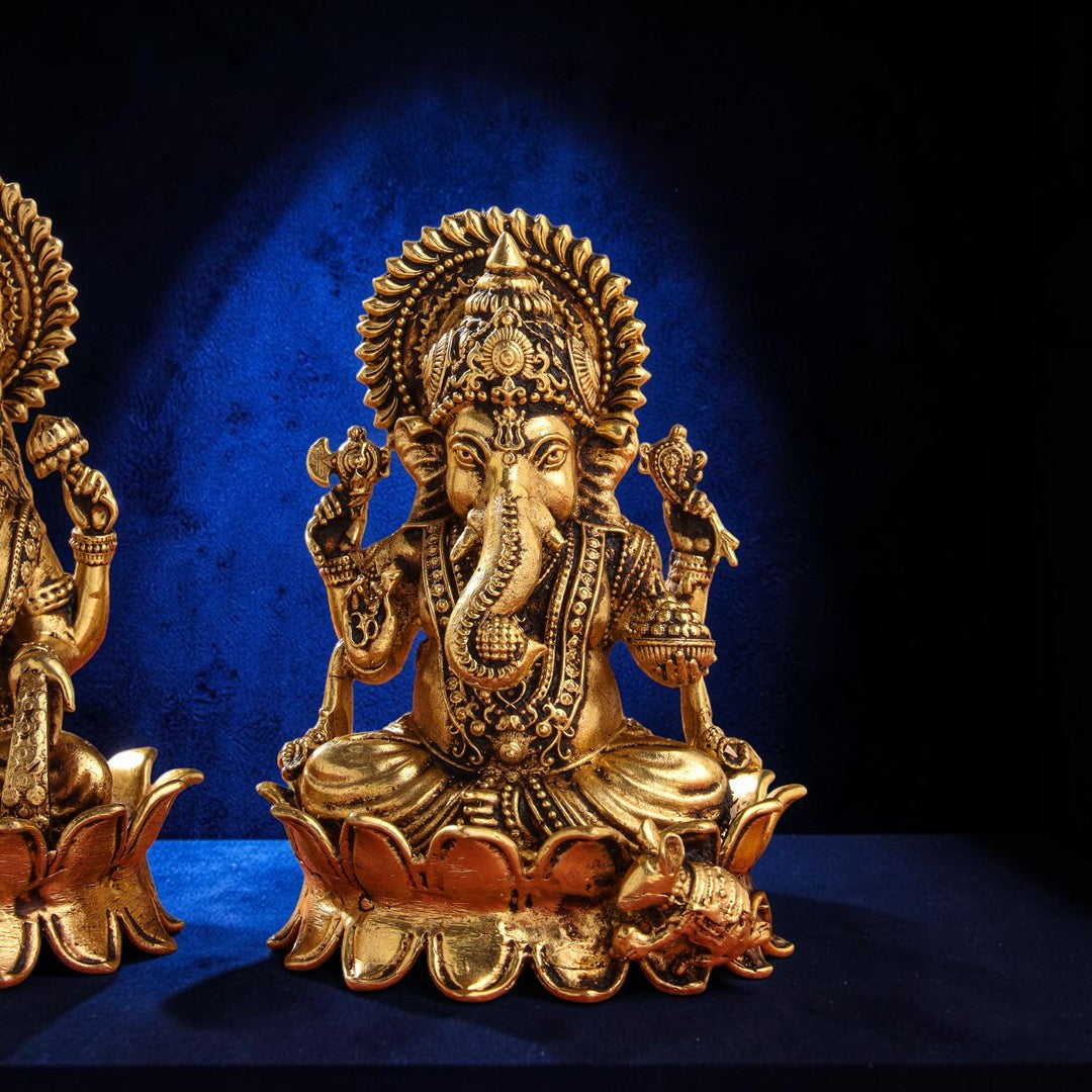 Handcrafted Brass Lotus Ganesha & Lakshmi Idols (4 Inch) | RoyalStuffs