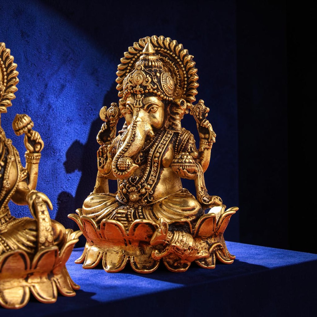 Handcrafted Brass Lotus Ganesha & Lakshmi Idols (4 Inch) | RoyalStuffs