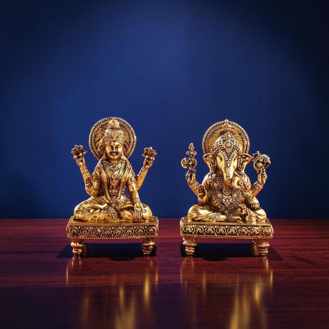 Handcrafted Brass Chowki Ganesha & Lakshmi Idol Set (4 Inch) | RoyalStuffs
