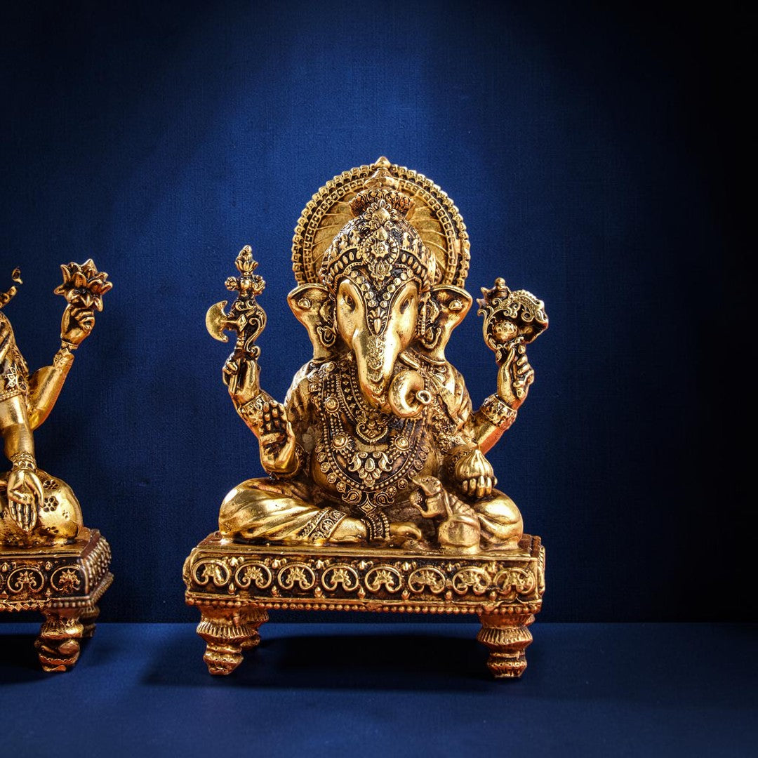 Handcrafted Brass Chowki Ganesha & Lakshmi Idol Set (4 Inch) | RoyalStuffs