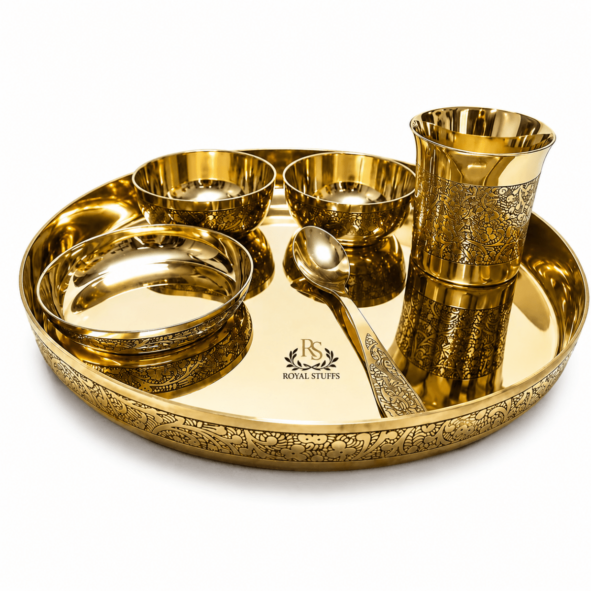 12 Inch Pure Kansa Dinner Set – 6 Piece | Embossed Shine Finish - Royalstuffs.com