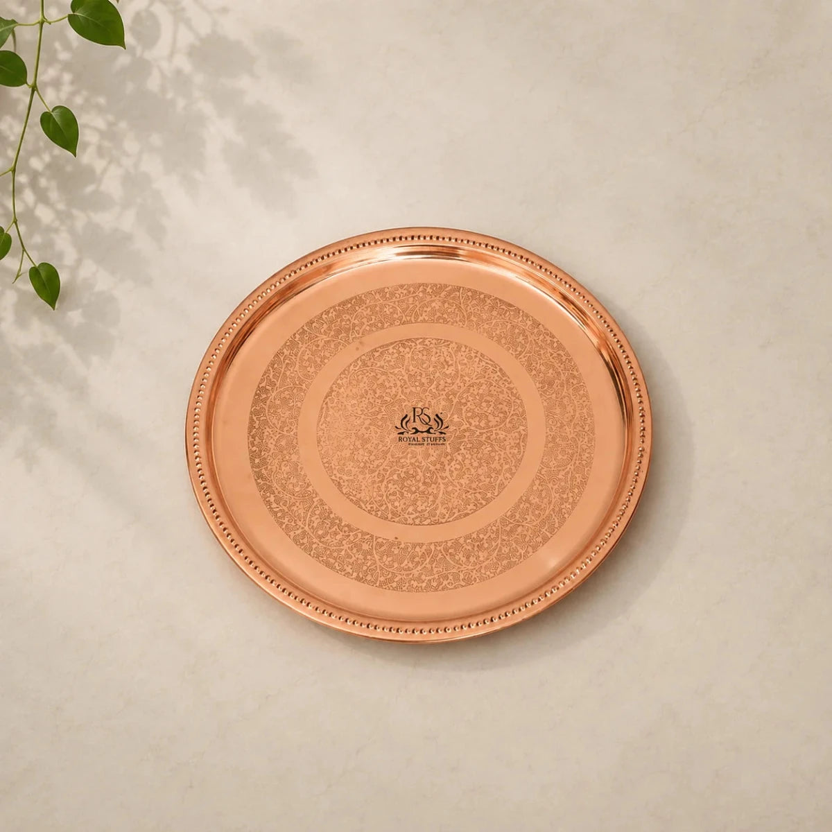 12 Inches Pure Copper Thali Plate with Floral Design, Home Hotel Restaurant, Dinnerware and Serveware - Set of 4 - Royalstuffs.com