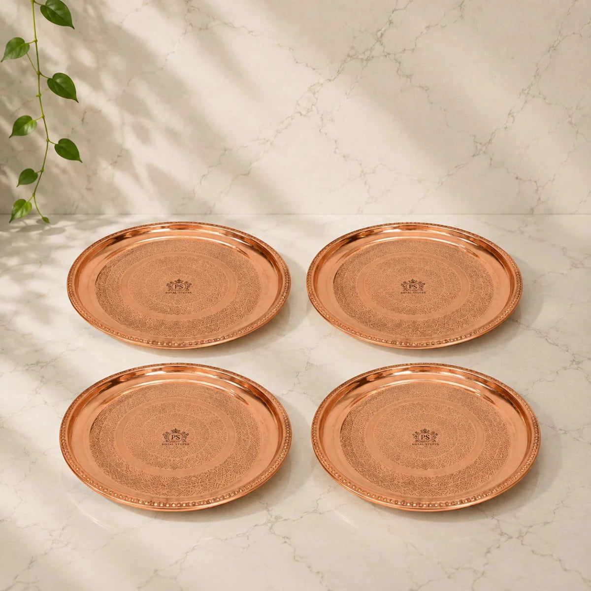 12 Inches Pure Copper Thali Plate with Floral Design, Home Hotel Restaurant, Dinnerware and Serveware - Set of 4 - Royalstuffs.com